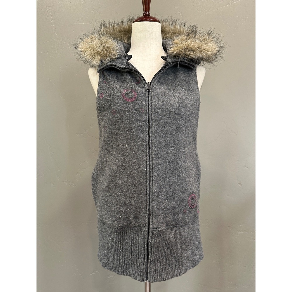 Empyre Reversible Quilted Hooded Vest Large Lambswool Grey Faux Fur Trim Boho - Picture 2 of 16